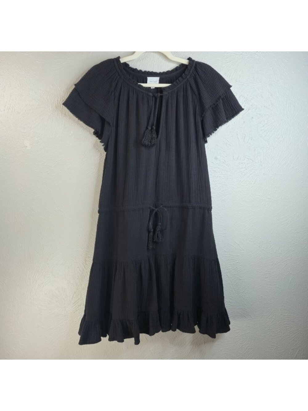 Sundays Tired Mini Dress M Black Gauze Short Sleeve Layered Tassel Boho Coastal
